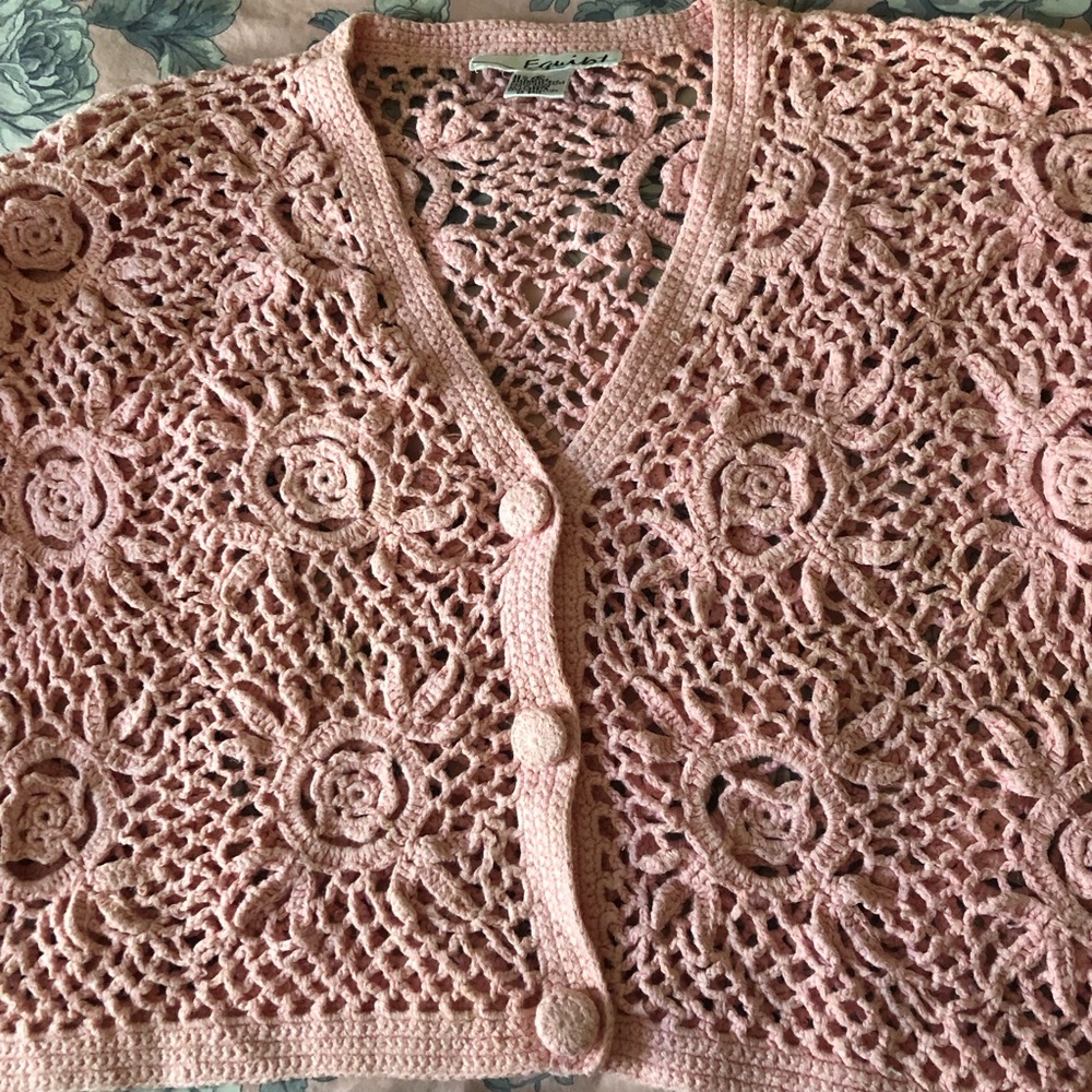 Pink crochet flower lace cardigan top vintage 90"s Equipt 90"s size L large boho - Picture 2 of 8